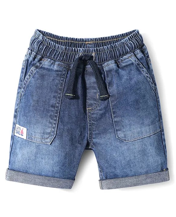 Babyhug Denim Mid Thigh Shorts With Stretch & Nautical Theme Patch - Blue